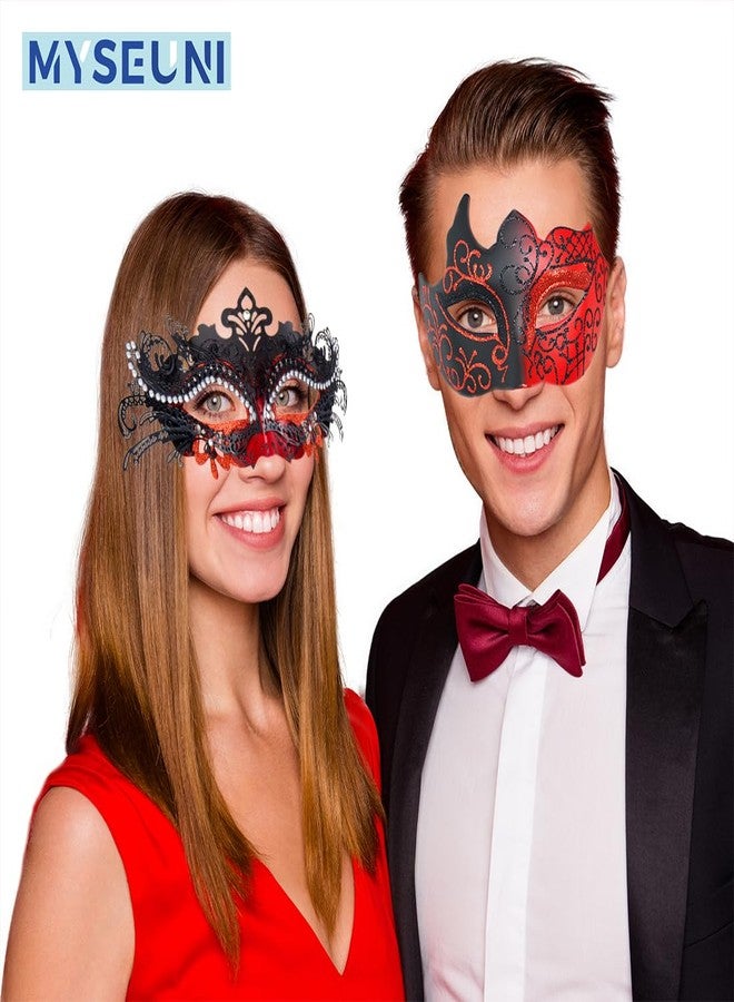 MYSEUNI Masquerade Mask for Couple Red - Shiny Rhinestone Venetian Mask & Mens Venetian Half Face Mask for Christmas Mardi Gras Party Halloween Costume Cosplay Prom Masked Ball - Image 2